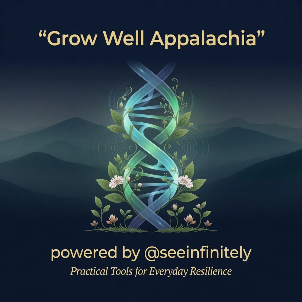 Grow Well Appalachia artwork: a glowing DNA helix wrapped in leaves and flowers above the Appalachian mountains, powered by SEE Infinitely